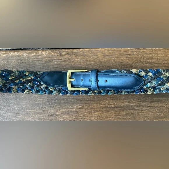 Vintage Leather and Silk Braided Women's Belt in Blue and Gold - Picture 3 of 11